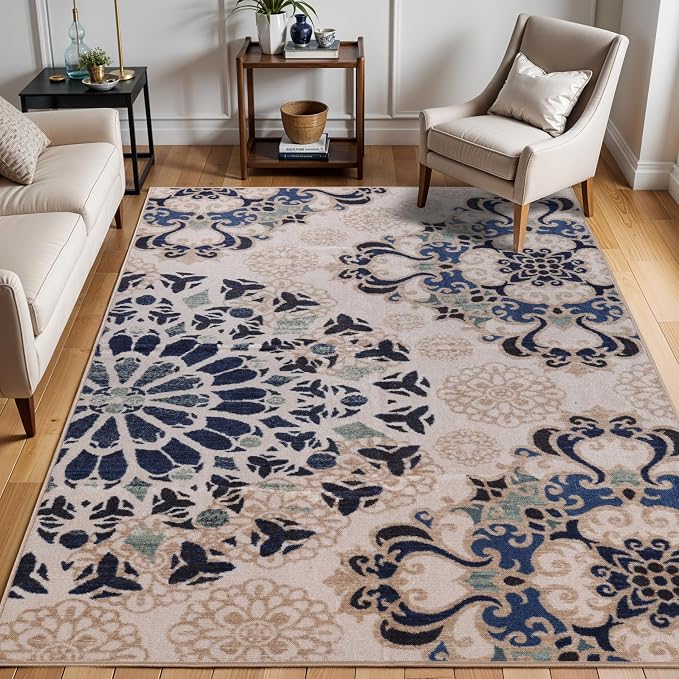 Superior Indoor Non-Slip Area Rug, Damask Medallion, Floor Decor, Bohemian Rug for Living Room, Bedroom, Office, Kitchen, Dining, Washable Rugs, Foam Back, Thalia Collection, 5' x 8', Cream - Image 2