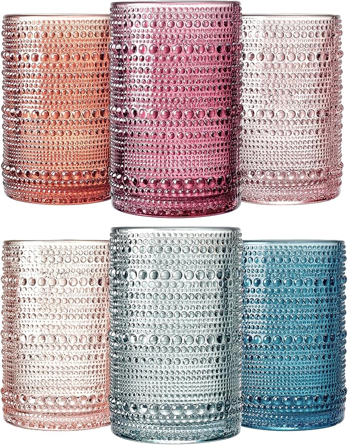 Khen Beaded Highball Drinking Tumbler Set | Set of 6 | Holiday Decor Vintage Hobnail 12 OZ Muted Bubble Design Whiskey Glassware, Old-Fashioned, Embossed Design Glass for Water Wine, Cocktail - Image 4