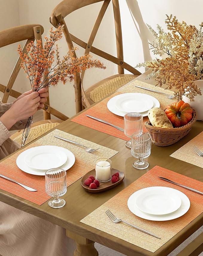 Leetaltree Gradient Burnt Orange Woven Placemats Set of 8 - Heat Resistant Non-Slip Fall Place Mats for Dining Table, Washable Durable PVC Vinyl Woven Table Mats(Gradient Orange-red, 8) - Image 3