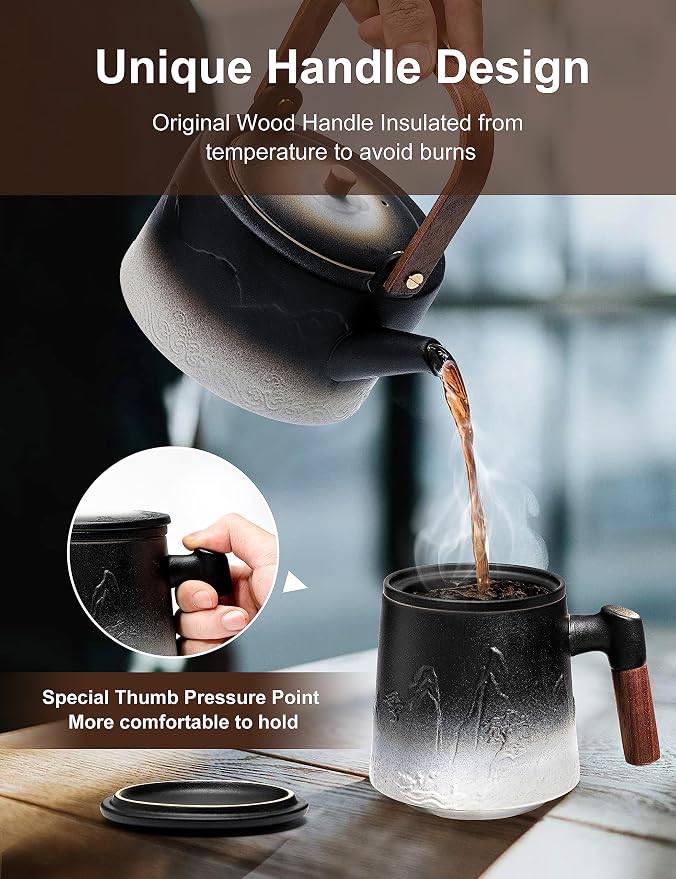 suyika Ceramic Tea Cup with Infuser and Lid, Gradient Embossed Large Tea Mug Wooden Handle for Steeping Loose Leaf, Tea Lover Gifts 15.2 oz / 450 ml,Matte Black - Image 5