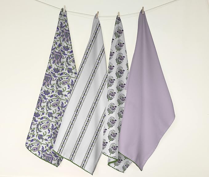TARAN LIVING Printed Kitchen Dish Bar and Tea Towels Cotton, 18x28 inch with Trims, Cotton Dish Towel Sets (White & Purple, Set of 4) - Image 7