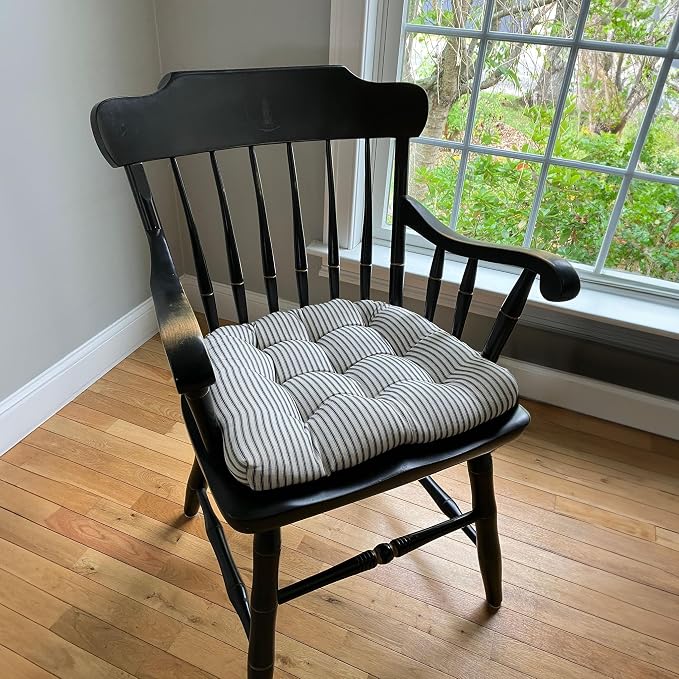 Barnett Home Decor Ticking Stripe Black Dining Chair Pad with Ties - 19" x 19" Size Large Chair Cushion - Latex Foam Fill - Machine Washable, Reversible, 100% Cotton, Made in USA - Image 2