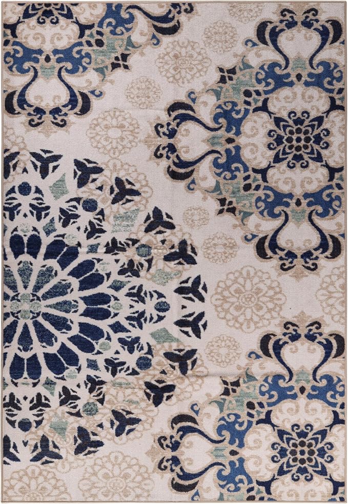 Superior Indoor Non-Slip Area Rug, Damask Medallion, Floor Decor, Bohemian Rug for Living Room, Bedroom, Office, Kitchen, Dining, Washable Rugs, Foam Back, Thalia Collection, 5' x 8', Cream by SUPERIOR