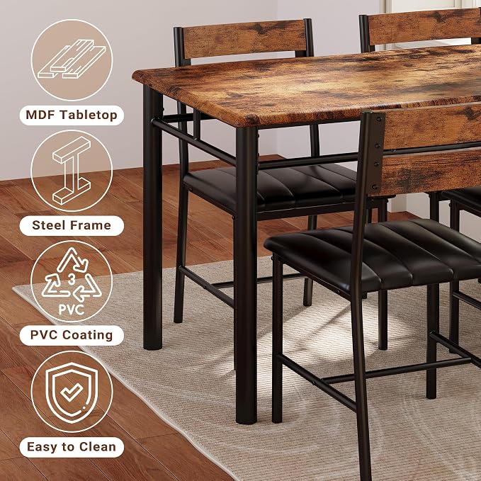 IRONCK Dining Table Set for 4, Rustic Brown | Wood Kitchen Table with Upholstered Chairs for Kitchen Room and Small Spaces - Image 7