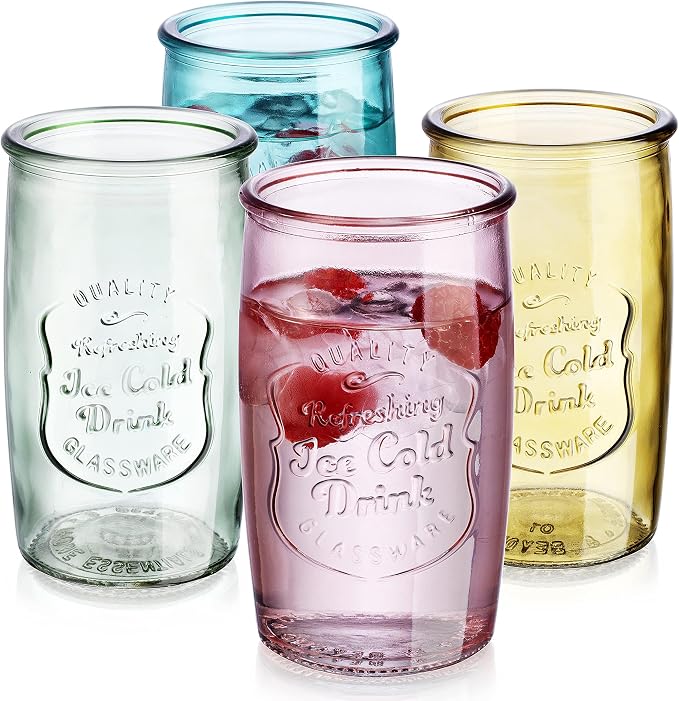 Glaver's Colored Glassware, Ice Cold Drinking Glasses Set of 4 – 18 Oz Vintage Glass Cups for Kitchen, Dining Table – Multi- Colors Glass Tumblers. Hand Wash. by Glavers