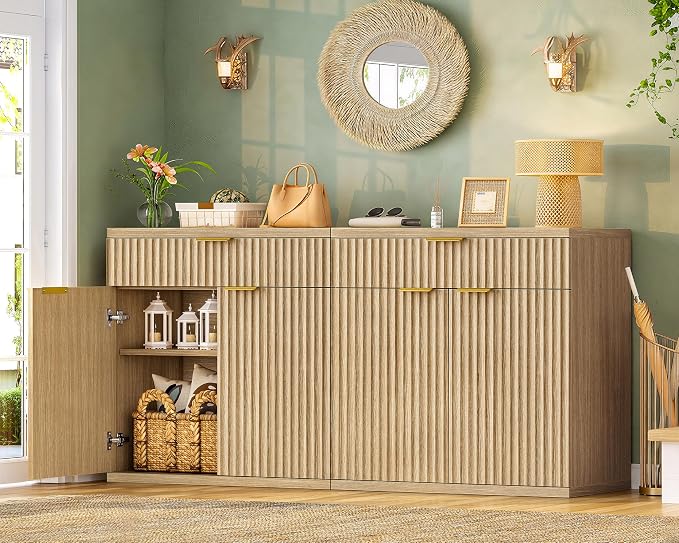 TEENFON Fluted Buffet Cabinet with Storage, 63" Sideboard Cabinet, Coffee Bar Cabinet with 2 Doors and Adjustable Shelf for Living Room, Kitchen, Entryway, Natural - Image 3