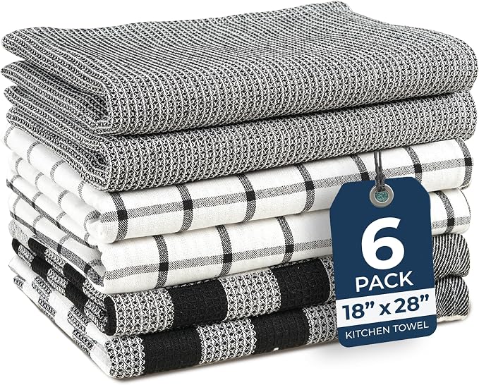 LANE LINEN Kitchen Towels Set – Pack of 6 Cotton Dish Cloths, 18”x28”, Soft & Quick-Drying Tea Towels for Cleaning – Black by LaneLinen