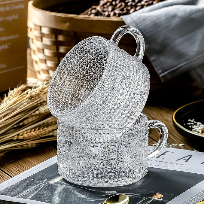 Gezzeny Vintage Glass Coffee Mugs 14 Oz Set of 2 Clear Embossed Tea Cups, Glass Coffee Cups for Cappuccino, Latte, Cereal, Yogurt, Beverage Christmas Thanksgiving Gifts | Clear Embossed Glass Cups for Tea, Cappuccino, Latte, Cereal, Yogurt, Beverage Bi... - Image 4