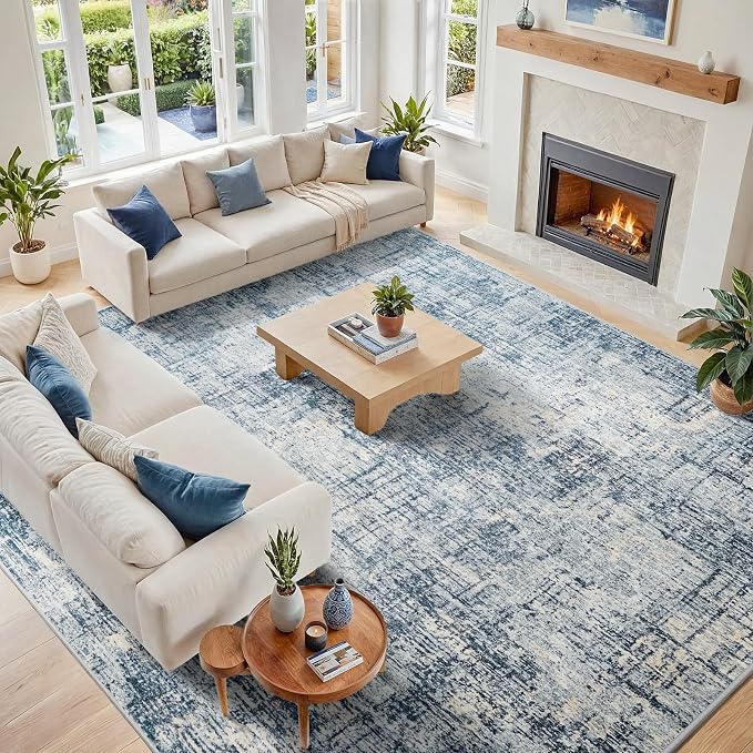 10x14 Washable Area Rug for Living Room Bedroom: Non-Slip Modern Blue Gold | Machine Washable TPR Backing, Stain-Resistant Low Pile, Pet & Kid Friendly, Abstract Decor for Dining Room, Dorm, Home Office by Oriannal