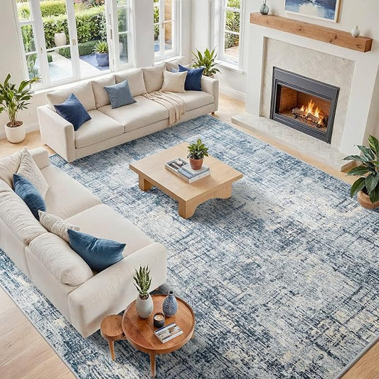 10x14 Washable Area Rug for Living Room Bedroom: Non-Slip Modern Blue Gold | Machine Washable TPR Backing, Stain-Resistant Low Pile, Pet & Kid Friendly, Abstract Decor for Dining Room, Dorm, Home Office by Oriannal