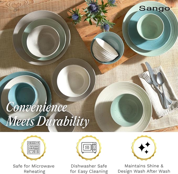 Sango Siterra Artist's Blend 16-Piece Stoneware Dinnerware Set for 4, Green, Cream & White Glossy Dishes with Speckles, Ceramic Plates and Bowls Sets for Everyday Dining, Microwave & Dishwasher Safe - Image 4