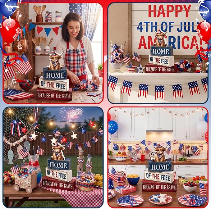 Moucuny 4 Pcs 4th of July Decorations Patriotic Highland Cow Wooden Block Sign Set America Table Decor Patriotic Tiered Tray Decor Red White Blue Memorial Day Centerpieces for 250th Anniversary Home - Image 5