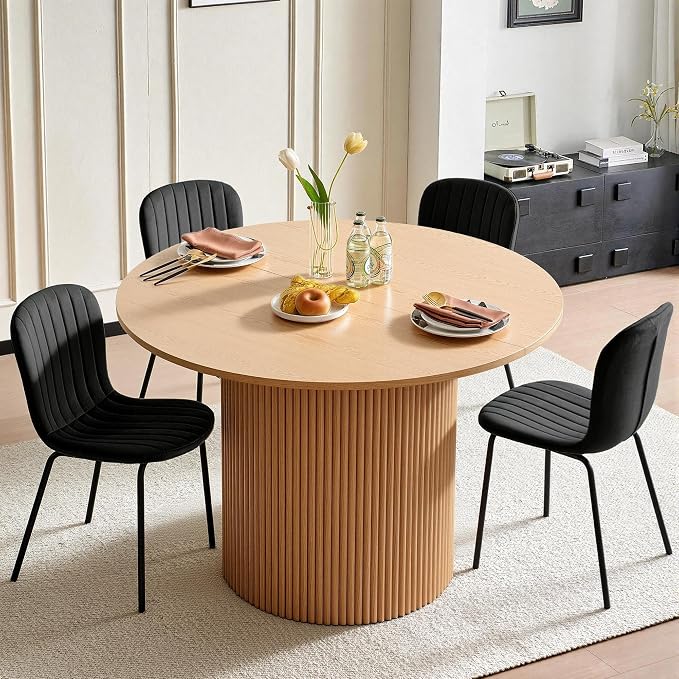 5 Piece Round Dining Table Set for 4, Mid Century Modern Wooden Kitchen Table and Chairs, Space-Saving Small Dinette Set (47 Inch Oak Table+4 Black Chairs) by SQPFTW