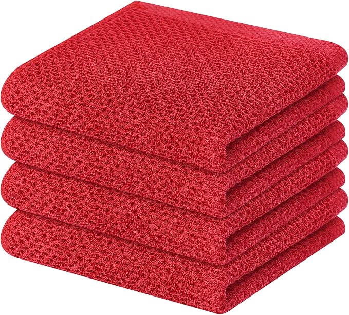 Homaxy 100% Cotton Waffle Weave Kitchen Dish Towels 4-Pack, Red | 13 x 28 Inches, Ultra Soft Absorbent Dish Towels, Quick Drying Cleaning Towels by Homaxy