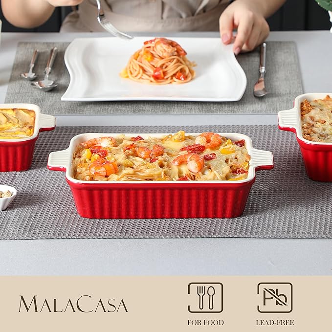 Bakeware Set of 4, MALACASA Porcelain Baking Pans Set for Oven, Casserole Dish, Ceramic Rectangular Baking Dish Lasagna Pans for Cooking Cake Pie Dinner Kitchen, Red (9.5"/11.25"/12.75"/14.5") | Rectangular Lasagna Pan Bakeware for Roasting Vegetable, ... - Image 3