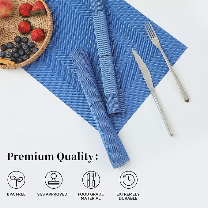 Leetaltree Blue Frame Placemats Set of 6 - Heat Resistant Non-Slip Place mats for Dining Table, Washable Durable PVC Vinyl Woven Table Mats（Blue Frame, 6） - Image 2