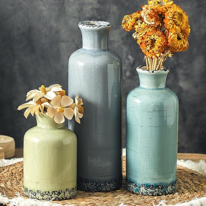 Flower Vase Set of 3, Ceramic Neutral Vases Home Decor, Pottery Rustic Farmhouse Decorative Vases Modern Decor for Table Mantel Entryway Bookshelf Living Room Kitchen Bedroom - Multicolor by ooit