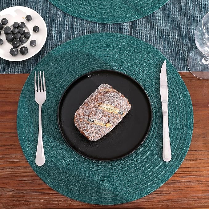SHACOS Round Placemats Set of 6 Washable 15 inch Round Table Mats Cotton Polyester Woven Braided Place Mats for Dining Table, Teal Green - Image 4