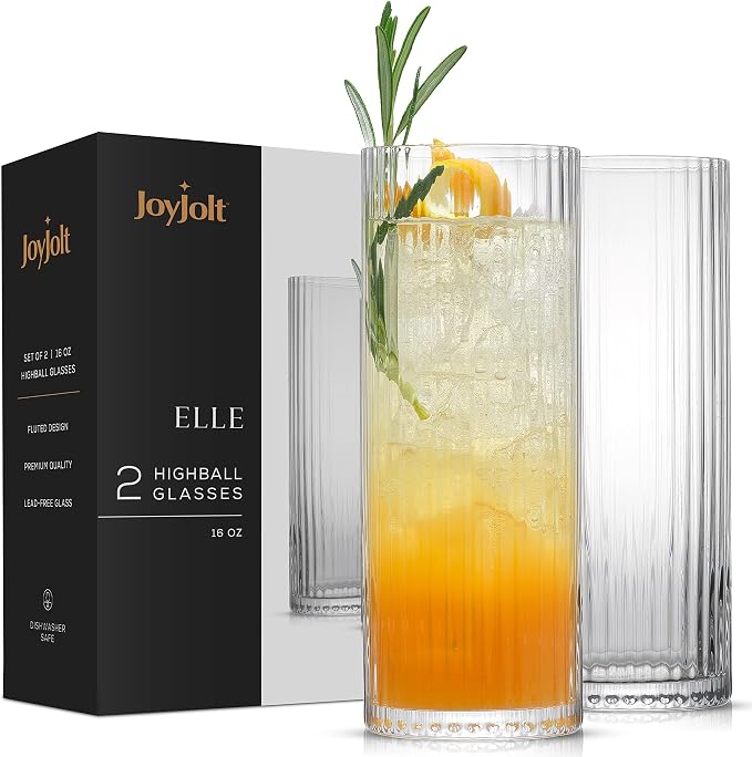 JoyJolt Elle 16oz Fluted Highball Glasses Set of 2, Ribbed Tall Cocktail Tumblers for Gin Juice Water, Vintage Style Drinking Glasses by JoyJolt