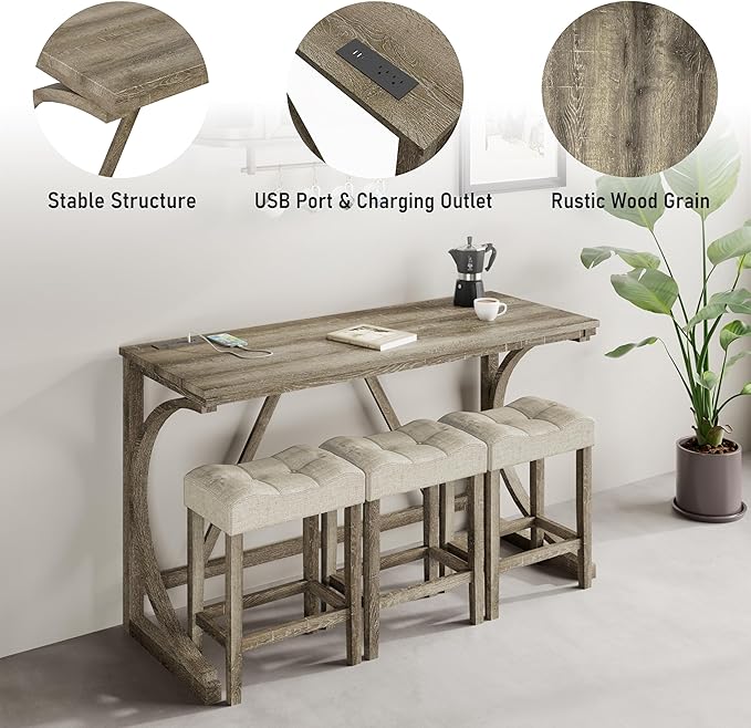 allamazing 4-Piece Counter High Bar Table Set with Socket and 3 Fabric Padded Bar Stools, Tall Kitchen Breakfast Nook with Stool (1+3 Natural) - Image 3