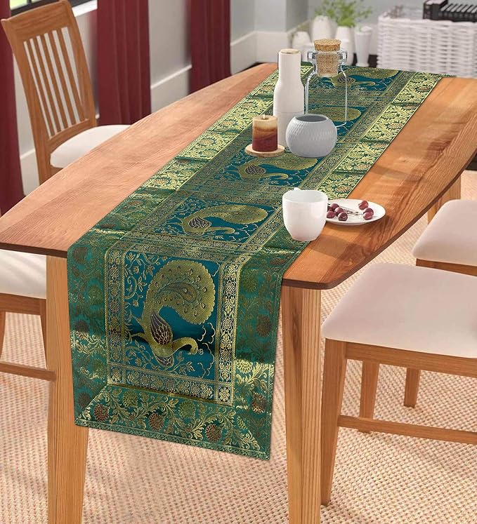 Peacock Design Silk Table Runner 60 x 16 Inch, Green and Gold Decorative Table Cloth, Vintage Floral Dining Table Runner for Kitchen, Coffee Table and Home Decor - Image 6