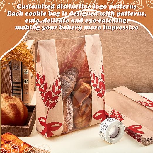 Gueevin 300 Pcs Kraft Paper Bread Bag for Homemade Bread Large Sourdough Loaf Bag with Clear Window Bakery Food Package Storage with 500 Pcs Sticker for Popcorn Cookies, 14x8.3x3.2'' - Image 4