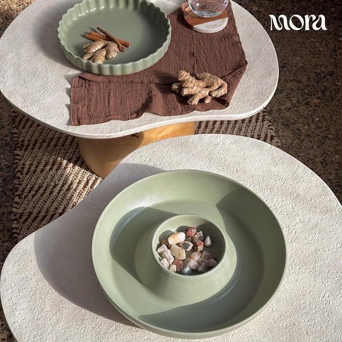MORA Ceramic Chips and Dip Serving Tray: Large Divided Party Bowl Set for Chips & Salsa, Veggies & Dip, Fruit, Snacks, Entertaining, Hosting, etc. Minimalist Design for the Modern Hostess - Thyme - Image 7