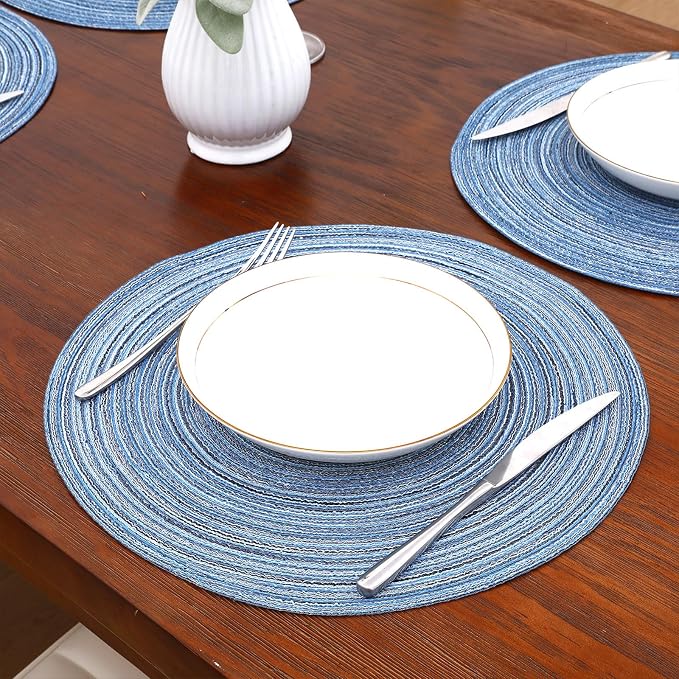 SHACOS Round Braided Placemats Set of 6 Circle Place Mats Kitchen Table Mats for Dining Table Wedding Party (Blue Gray, 6) - Image 6