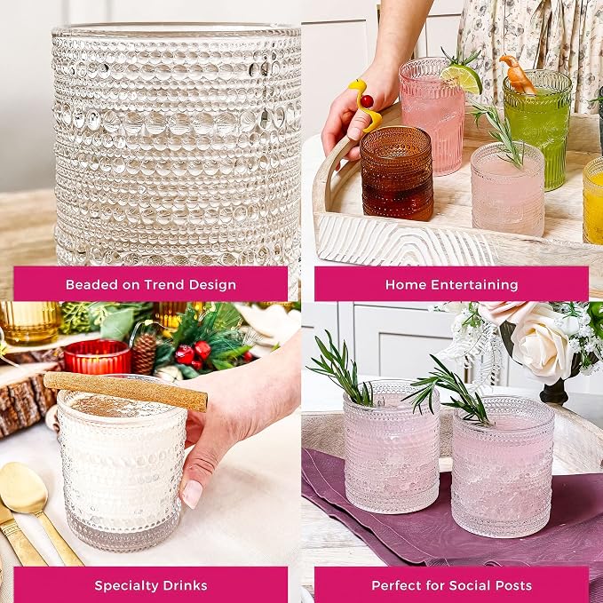Kate Aspen Beaded Drinking Glasses Set of 6, 10 oz Retro Vintage Glassware - Boho Cocktail Water Juice Glasses, Hostess or Housewarming Gift - Image 6