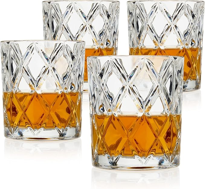 True Diamond Crystal Scotch Bourbon Whiskey Glasses, Old Fashioned Glasses Drinking Set, Whiskey Tumblers, Premium Bar Glassware Set of 4, 11 oz by True