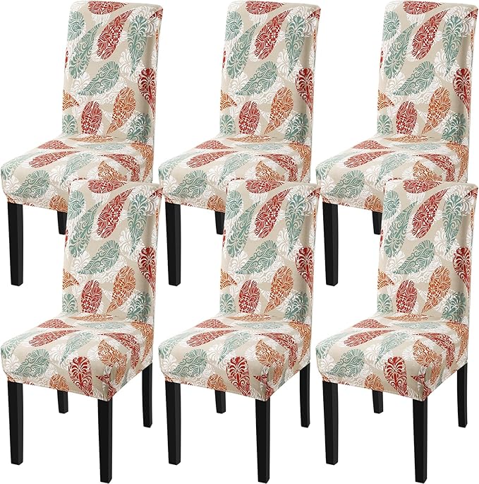 Fuloon Chair Covers for Dining Room 6 Pack, Printed Stretch Dining Slipcovers, Washable Kitchen Slip Covers for Parson Chair, Color Leaves Printed, Set of 6 by Fuloon