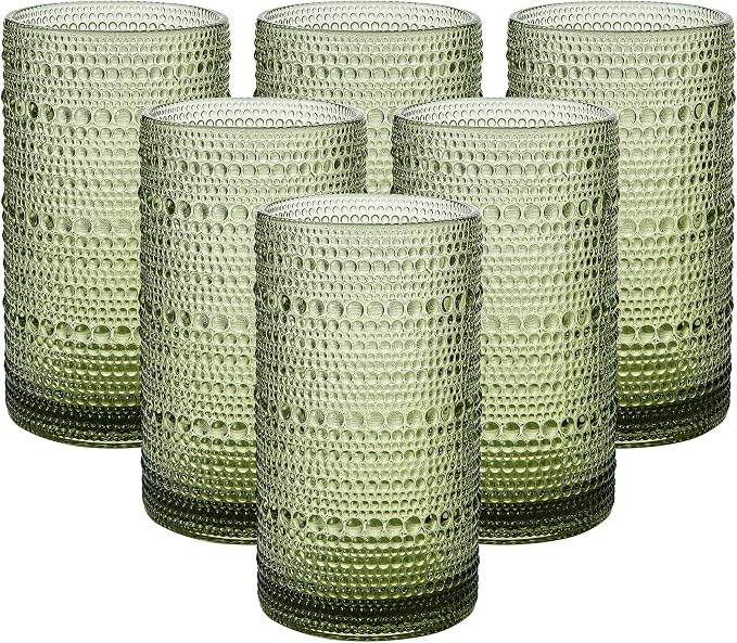Vintage Glassware Drinking Glasses Set of 6,16oz Hobnail Glass Cups,Embossed Green Water Tumbler,for Cocktail, Juice, Whiskey, Milk and Various Mixed Drinks by HEFBCOMK