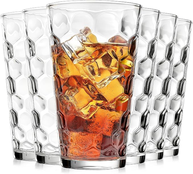 ALINK 16 oz Drinking Glasses, Set of 6 Highball Glass Cups Bar Glasses, Clear Heavy Base Stemmed Water Glasses for Beer, Iced Coffee Cups, Cocktail Glasses, Wine, Iced Tea, Dishwasher Safe by ALINK