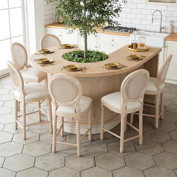 French Country Barstool, Linen Farmhouse Counter Height Chair | Set of 6, with Rattan Round Back and Solid Wood Legs, Oval Chairs for Restaurant, Bar, Kitchen, Café, Beige - Image 2