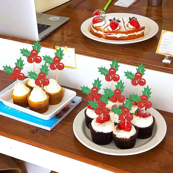 24 Pack Christmas Holly Leaves Cupcake Toppers Picks Christmas Eve Party Cake Baby Shower Birthday Party Cake Decoration Supplies - Image 3