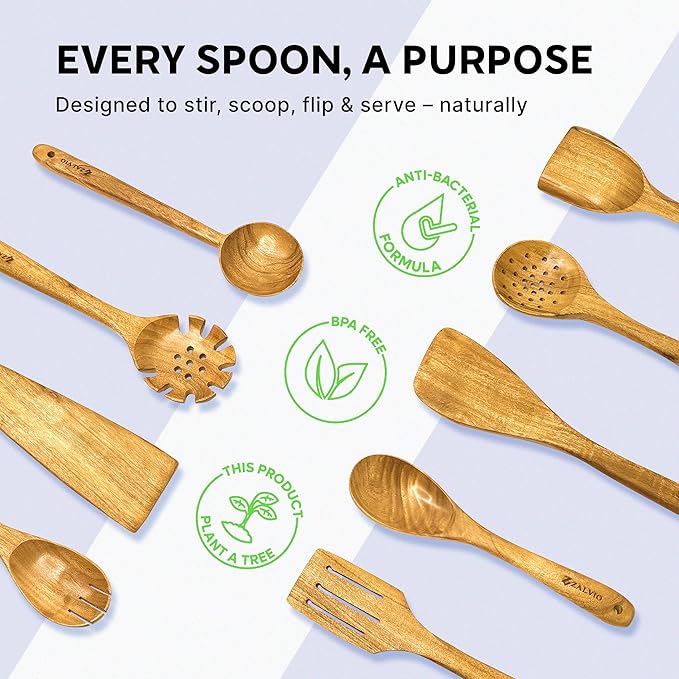 Zalvio 10-Piece Acacia Wood Utensil Set – Handmade Wooden Spoons with Spoon Rest | Heat-Resistant Eco-Friendly Cooking Tools for Nonstick Cookware