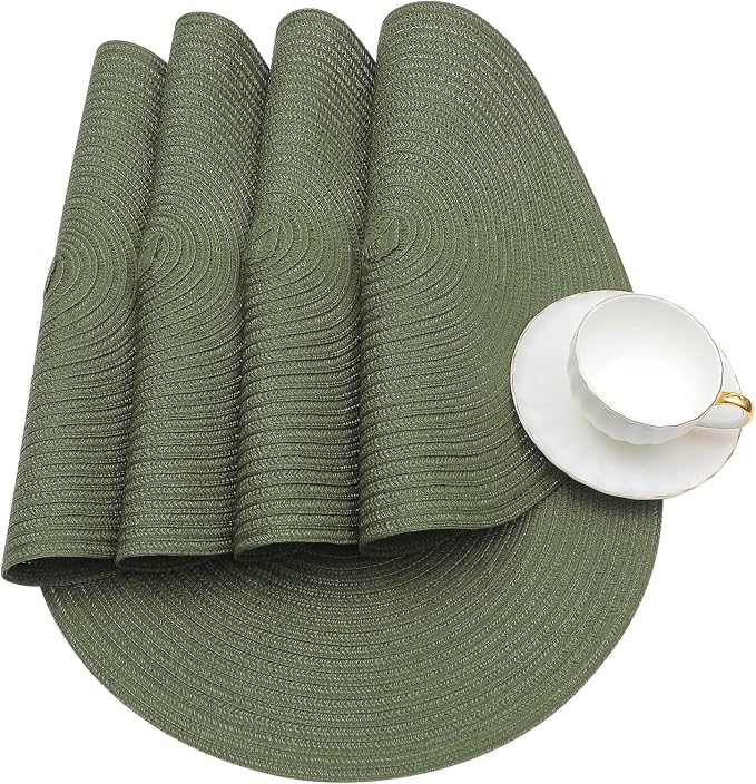 SHACOS Round Placemats Set of 4 Washable 15 inch Round Table Mats Cotton Polyester Woven Braided Place Mats for Dining Table Wedding Party Decor (Olive Green, 4) - Image 6