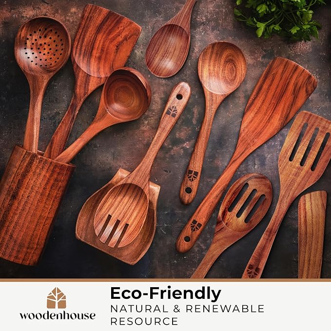 Wooden Spoons for Cooking, 12 Pcs Teak Utensil Set with Holder & Hooks | Includes Spoon Rest for Storage – Heat Resistant, Durable & Nonstick Safe Kitchen Cookware - Image 8