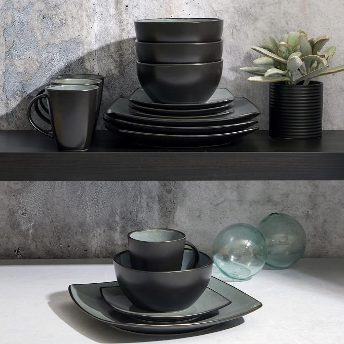 Gibson Elite Soho Lounge Square Reactive Glaze Stoneware Dinnerware Set, Service for 4 (16pc), Eclipse - Image 4