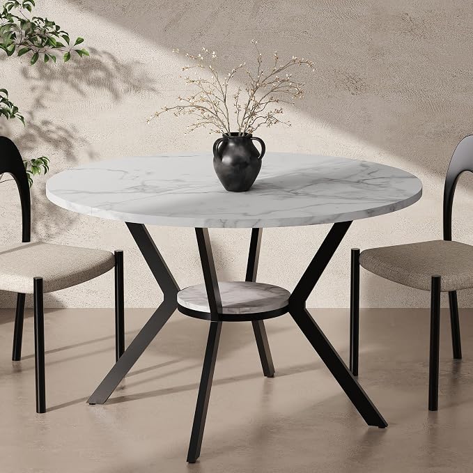 42" Round Dining Table for 2-4, Modern Kitchen Table with Faux Marble Tabletop & Metal Legs, Space Saving Circle Table with Storage, Wood Kitchen & Dining Room Tables for Kitchen Dining Room by MECHYIN