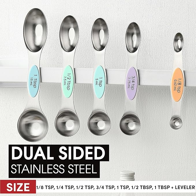 Spring Chef Stainless Steel Magnetic Measuring Spoons Set of 8 with Leveler, Metal Teaspoon & Tablespoon Measuring Spoons for Dry and Liquid Ingredients, Kitchen Gadgets for Baking & Cooking - Pastel