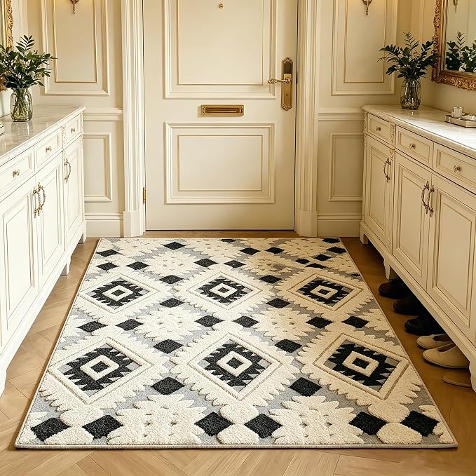 Entrance Mat 3'x5', Geometric Boho Indoor Doormat for Porch, Bohemia | Soft Cozy Fluffy Mid Pile Machine Washable Non Slip Accent Rug for Entryway Front Door Sink Indoor Entrance Bathroom by Ukeler