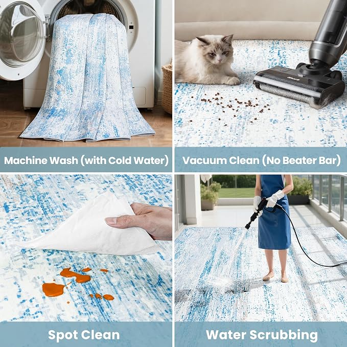 8x10 Washable Area Rug for Living Room Bedroom: Non-Slip Modern Light Blue | Machine Washable TPR Backing, Stain-Resistant Low Pile, Pet & Kid Friendly, Abstract Decor for Dining Room, Dorm, Home Office - Image 6
