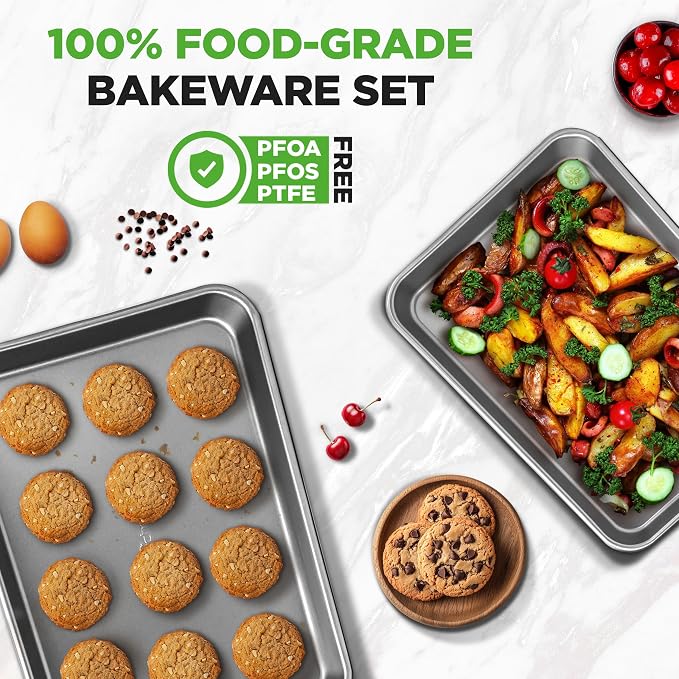 NutriChef 2-Piece Nonstick Cookie Sheet Baking Pan Set - Premium Bake Trays w/ Sleek Non-Stick Coating PFOA, PFOS, & PTFE Free - Large (15"x11") & Medium (13"x9") - Dishwasher Safe - Image 5