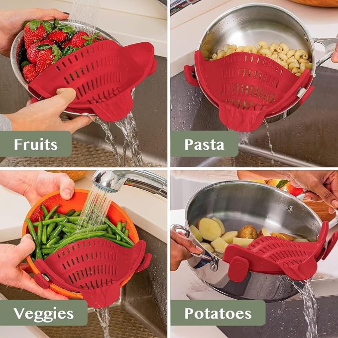 Kitchen Gizmo Snap N Strain Silicone Pot Strainer - Adjustable Clip-On Pasta Strainer for Pots, Pans, and Bowls - Large Red Kitchen Colander - Image 7