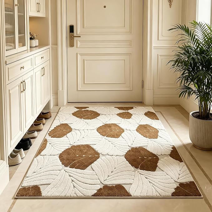 Entrance Mat 3'x5', Geometric Boho Indoor Doormat for Porch, Leaves | Soft Cozy Fluffy Mid Pile Machine Washable Non Slip Accent Rug for Entryway Front Door Sink Indoor Entrance Bathroom by Ukeler