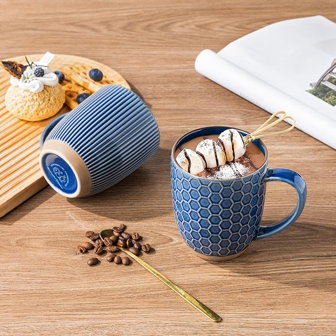 GBhome Large Coffee Mugs Set of 4, 16oz Handmade Embossed Coffee Mugs Set with Large Handle for Cappuccino/Latte/Tea/Hot Cocoa, Dishwasher & Microwave Safe, Blue - Image 6