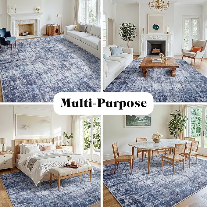 8x10 Washable Area Rug for Living Room Bedroom: Non-Slip Modern Navy Blue | Machine Washable TPR Backing, Stain-Resistant Low Pile, Pet & Kid Friendly, Abstract Decor for Dining Room, Dorm, Home Office - Image 3