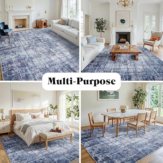 9x12 Washable Area Rug for Living Room Bedroom: Non-Slip Modern Navy Blue | Machine Washable TPR Backing, Stain-Resistant Low Pile, Pet & Kid Friendly, Abstract Decor for Dining Room, Dorm, Home Office - Image 3