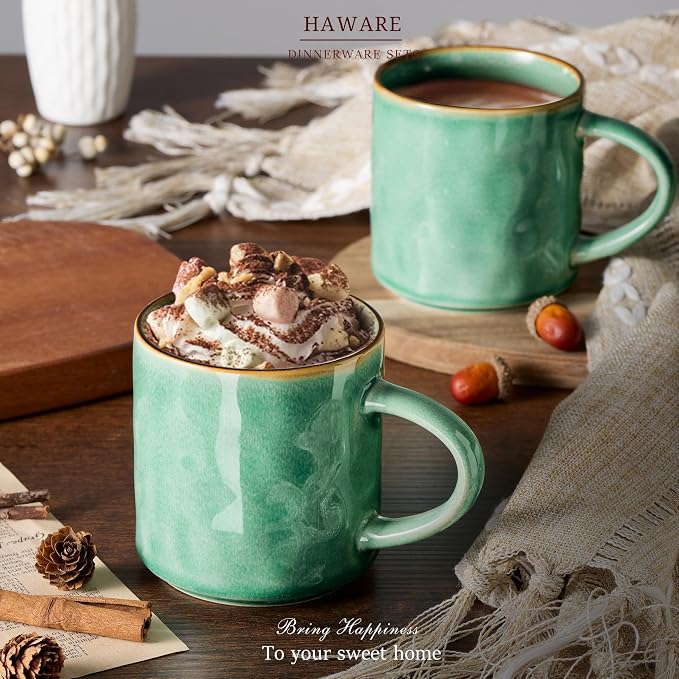 HaWare 14OZ Coffee Mugs Set of 4, Stoneware Coffee Cups with Handle, Latte Mug for Man, Woman, Dad, Mom, Modern Tea Mugs for Latte/Cappuccino/Cocoa/Milk, Dishwasher& Microwave Safe, Reactive Green - Image 7